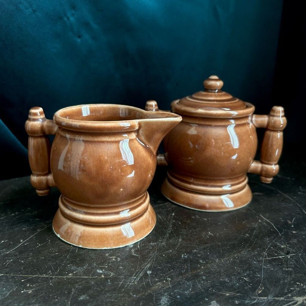 Vintage MCM Sugar Bowl with Lid  & Creamer Brown Pottery